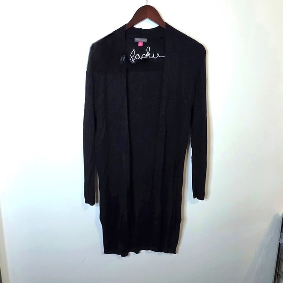 Vince Camuto Black Shimmer Metallic Long Open Cardigan Size Small - Picture 1 of 8